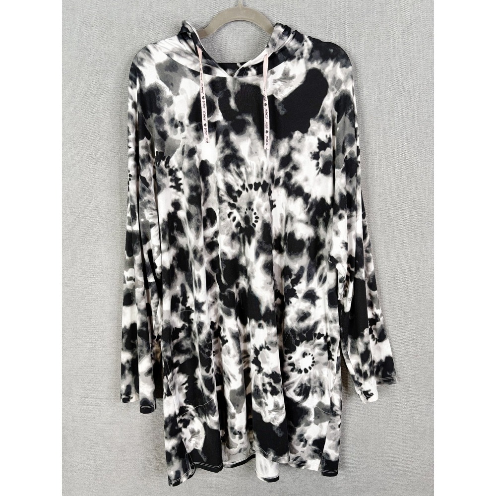 Betsy Johnson Top Women 4X Black White Tie Dye Tunic Hoodie Stretch Knit Pockets